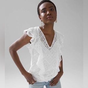 White House Black Market Women’s White Flutter Sleeve Embroidered Top Size Small